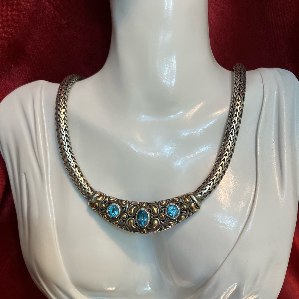 Samuel Behnam BJC Sterling and 18K  Triple Blue Topaz Gemstone Station Necklace
